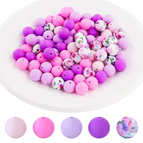 100 Stück Silikonperlen,15mm 5 Farben Silikon Perlen,Runde Perle zum Basteln,Bastelnperlen mit Loch für DIY Armbänder Stifte Schlüsselbund Handwerk Herstellung (Lila-Rosa) von Hopton