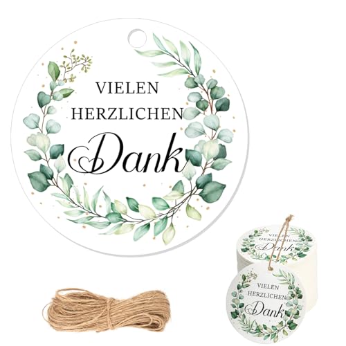 100 Stück VIELEN HERZLICHEN DANK Geschenkanhänger, 5.5cm Runde Danke Anhänger, Dankeschön Geschenke Anhänger mit 20m Schnur,Eukalyptus Etiketten Anhänger für Babypartys,Hochzeiten,Geschenkverpackungen von Hopton
