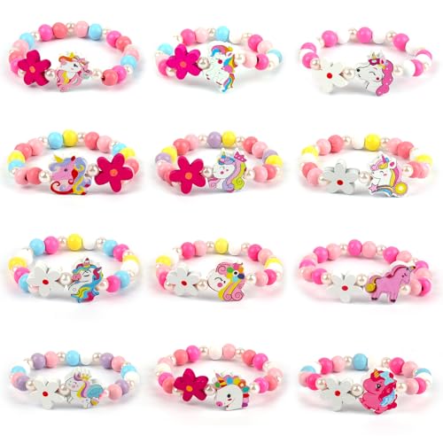 12 Stück Freundschaftsarmbänder, Armbänder Kinder, Einstellbare Geflochten Armbänder Mädchen, Kindergeburtstag Gastgeschenke für Jungen & Mädchen (Bunte-Einhorn Holz) von Hopton