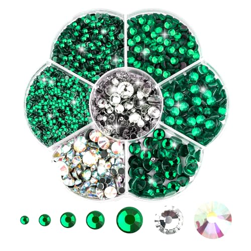 3000 Stück Hotfix Strasssteine für Textilien, 7 Größen Runde Glitzersteine, Kristall zum Basteln, Strasssteine Selbstklebend für Nagel Kunst Kleidung DIY Handwerk, Dunkelgrün (Emerald-Grün) von Hopton