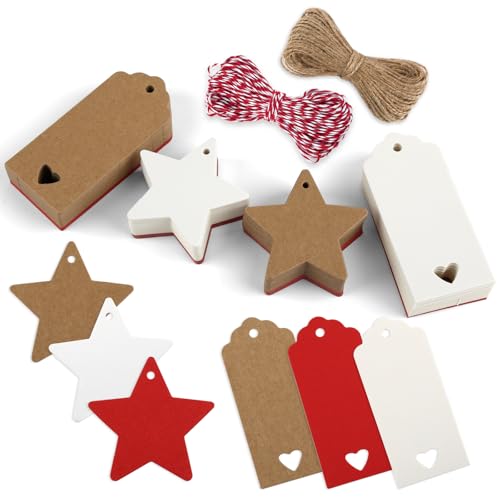 Geschenkanhänger Weihnachten, 200 Stück Geschenkanhänger Stern, Weihnachtsanhänger Papier mit 20M Jute Schnur, Etiketten Zum Beschriften, Kraftpapier Anhänger für Geschenke (Rot, Weiß, Braun) Geschenkanhänger Weihnachten, 200 Stück Geschenkanhänger Stern, Weihnachtsanhänger Papier mit 20M Jute Schnur, Etiketten Zum Beschriften, Kraftpapier Anhänger für Geschenke (Rot, Weiß, Braun) von Hopton