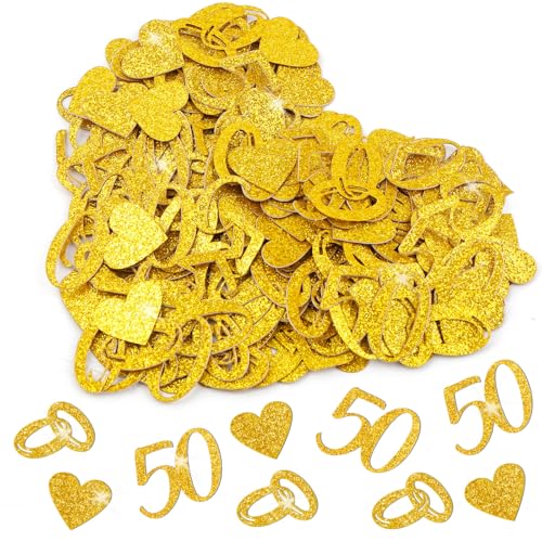 Goldene Hochzeit Deko Konfetti, 180 Stk Streudeko Tischdeko Hochzeit Gold, Streudeko Glitzer Konfetti mit Ring, 50, Herz Motiven, für 50 Jahre Jubiläum Hochzeitsdekoration(Goldene Hochzeit) von Hopton