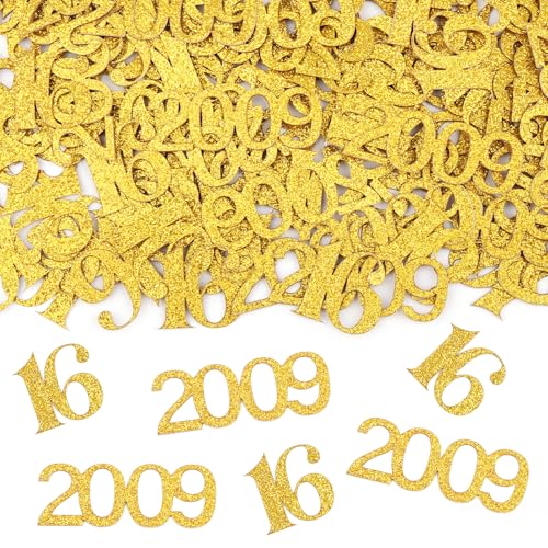 Konfetti 16 Geburtstag Deko,100 Stk Tischdeko Geburtstag Mädchen Junge 2009, 16th Birthday Gift,Glitzer Gold Streudeko zum Geburtstagsdeko Tisch von Hopton