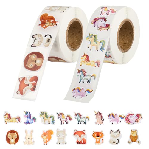 Tiere Sticker Rolle, 1000 Stück Runde Sticker Kinder, Reward Aufkleber Tiere, Self-Adhesive Tiersticker for Scrapbooking DIY Crafts Journal School Home(Tier-2) von Hopton