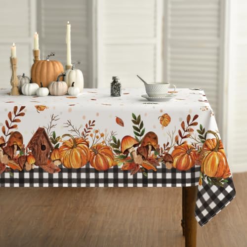 Horaldaily Herbst Tischwäsche 140x220 cm Rechteckig, Erntedankfest Herbsternte Kürbis Schwarze Karierte Tischdecke für Party Picknick Abendessen Dekor von Horaldaily