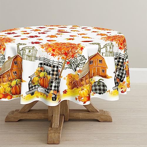 Horaldaily Herbst Tischwäsche 150x150 cm Rund, Erntedankfest Herbsternte LKW Haus Schwarze Karierte Tischdecke für Party Picknick Abendessen Dekor von Horaldaily