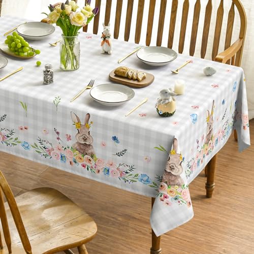 Horaldaily Ostern Tischwäsche 130x220 cm, Frühling Blume Karierter Kaninchen Tischdecke für Party Picknick Abendessen Dekor von Horaldaily