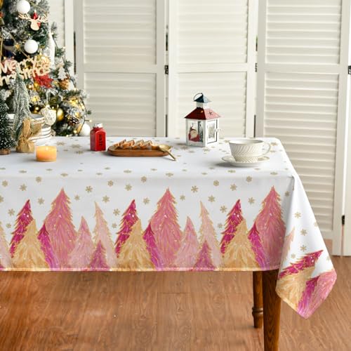 Horaldaily Weihnachten Tischwäsche 100x140 cm, Rosa Bäume Goldener Schnee Tischdecke für Party Picknick Abendessen Dekor von Horaldaily