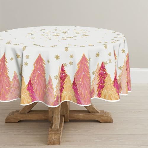 Horaldaily Weihnachten Tischwäsche 150x150 cm Rund, Rosa Bäume Goldener Schnee Tischdecke für Party Picknick Abendessen Dekor von Horaldaily