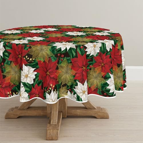 Horaldaily Weihnachten Tischwäsche 150x150 cm Rund, Weihnachtsstern Rot Weiß Tischdecke für Party Picknick Abendessen Dekor von Horaldaily