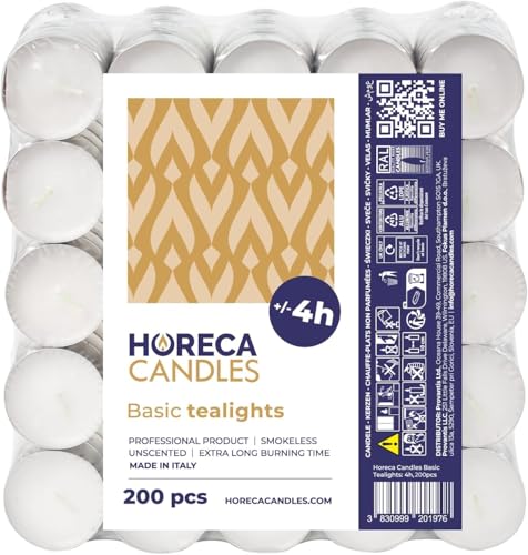 Horeca Candles - Teelichter mit 4 Stunden Brenndauer - 200 Stück, Weiß - Ohne Duft - Paraffinwachs - Hochzeit, Dekorieren, Feiern, Entspannen, Party von HORECA CANDLES