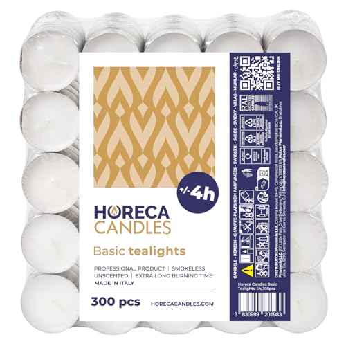 Horeca Candles - Teelichter mit 4 Stunden Brenndauer - 300 Stück, Weiß - Ohne Duft - Paraffinwachs - Hochzeit, Dekorieren, Feiern, Entspannen, Party von Horeca Candles