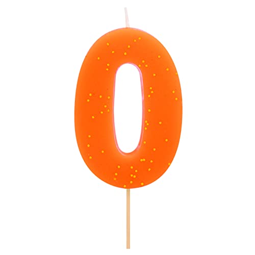 1 Stück – Fluorkerze zum Geburtstag (Nummer 0) Orange mit goldenem Glitzereffekt 7,5 cm – Dekoration für Kuchen, Geburtstag, Hochzeitstag, Party, Abschlussfeier, Kuchenkerzen. von Horeca Collection