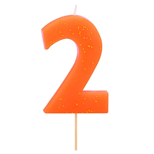 1 Stück – Fluorkerze zum Geburtstag (Nummer 2) Orange mit Glitzereffekt 7,5 cm – Dekoration für Kuchen, Geburtstag, Hochzeitstag, Party, Abschlussfeier, Tortenkerzen. von Horeca Collection