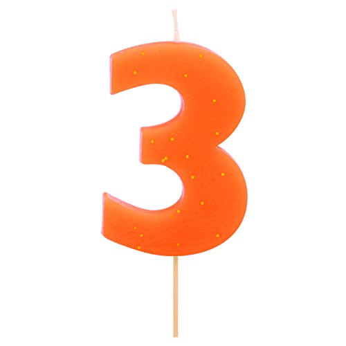 1 Stück – Fluorkerze zum Geburtstag (Nummer 3) Orange mit goldenem Glitzereffekt 7,5 cm – Dekoration für Kuchen, Geburtstag, Hochzeitstag, Party, Abschlussfeier, Kuchenkerzen. von Horeca Collection