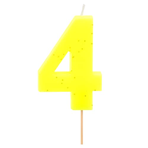 1 Stück – Fluorkerze zum Geburtstag (Nummer 4) gelb mit goldenem Glitzereffekt 7,5 cm – Dekoration für Kuchen, Geburtstag, Jahrestag, Hochzeit, Party, Abschlussfeier, Tortenkerzen. von Horeca Collection