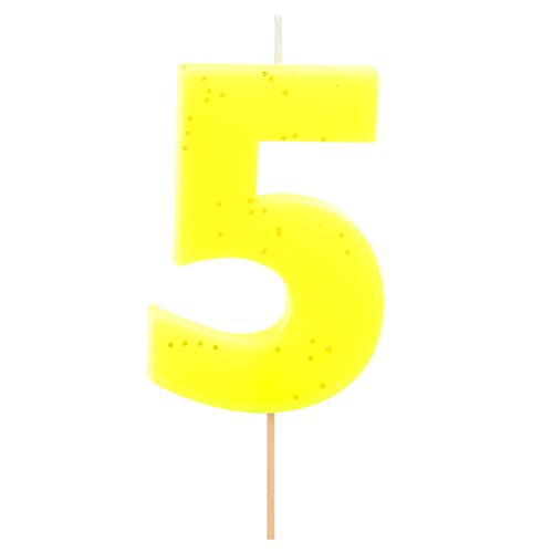 1 Stück – Fluorkerze zum Geburtstag (Nummer 5) gelb mit goldenem Glitzereffekt 7,5 cm – Dekoration für Kuchen, Geburtstag, Hochzeitstag, Abschlussfeier, Kuchenkerzen. von Horeca Collection