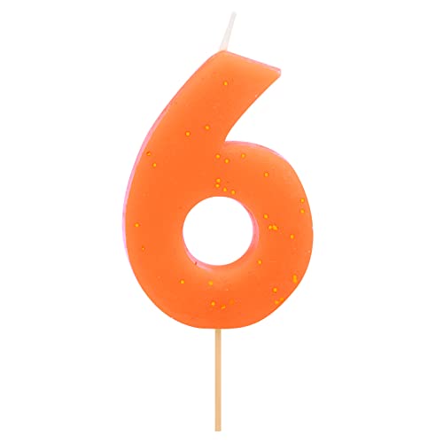 1 Stück – Fluorkerze zum Geburtstag (Nummer 6) Orange mit Glitzereffekt 7,5 cm – Dekoration für Kuchen, Geburtstag, Hochzeitstag, Party, Abschlussfeier, Tortenkerzen. von Horeca Collection