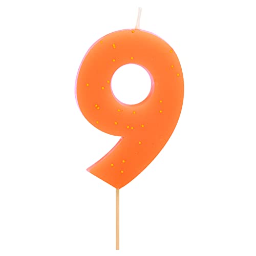 1 Stück – Fluorkerze zum Geburtstag (Nummer 9) Orange mit goldenem Glitzereffekt 7,5 cm – Dekoration für Kuchen, Geburtstag, Hochzeitstag, Party, Abschlussfeier, Kuchenkerzen. von Horeca Collection
