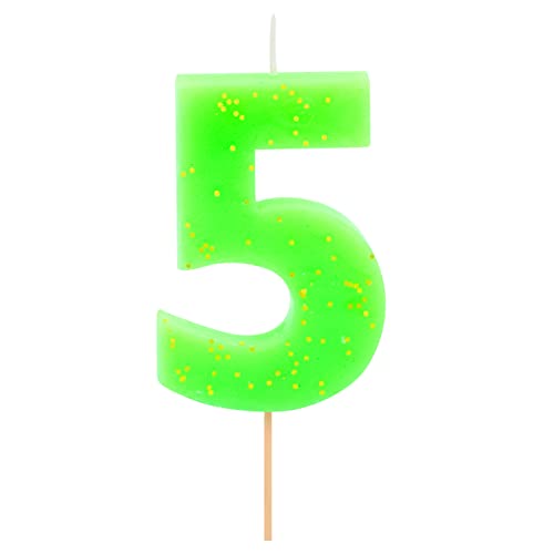 1 Stück – Geburtstags-Neonkerze (Nummer 5) Grün mit Glitzereffekt 7,5 cm – Dekoration für Kuchen, Geburtstag, Hochzeitstag, Party, Abschlussfeier, Tortenkerzen. von Horeca Collection