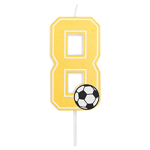 Fußball-Geburtstagskerze mit den Zahlen 0, 1, 2, 3, 4, 5, 6, 7, 8, 9, in Goldgelb, mit Fußballdetail. Größe 7,5 cm. (Nummer 8) von Horeca Collection