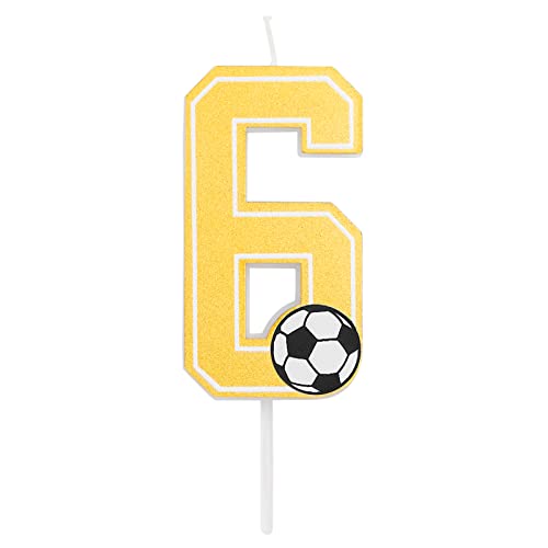 Fußball-Geburtstagskerze mit den Zahlen 0, 1, 2, 3, 4, 5, 6, 7, 8, 9, in Goldgelb, mit Fußballdetail. Größe 7,5 cm. (Nummer 6) von Horeca Collection