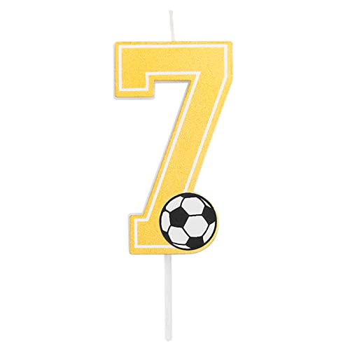 Fußball-Geburtstagskerze mit den Zahlen 0, 1, 2, 3, 4, 5, 6, 7, 8, 9, in Goldgelb, mit Fußballdetail. Größe 7,5 cm. (Nummer 7) von Horeca Collection