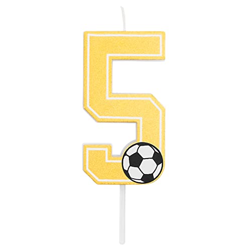 Fußball-Geburtstagskerze mit den Zahlen 0, 1, 2, 3, 4, 5, 6, 7, 8, 9, in Goldgelb, mit Fußballdetail. Größe 7,5 cm. (Nummer 5) von Horeca Collection