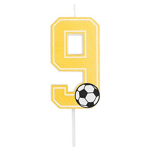 Fußball-Geburtstagskerze mit den Zahlen 0, 1, 2, 3, 4, 5, 6, 7, 8, 9, in Goldgelb, mit Fußballdetail. Größe 7,5 cm. (Nummer 9) von Horeca Collection