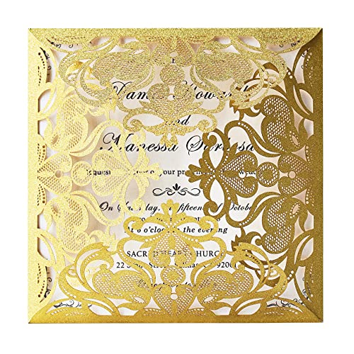 Hosmsua 16,3 x 16,3 cm, goldfarben, lasergeschnittene Hochzeitseinladungskarten mit Umschlägen, hohle Spitze, Rosen-Einladung für Verlobung, Hochzeit, Brautparty, Einladung (Gold-Glitzer) von Hosmsua