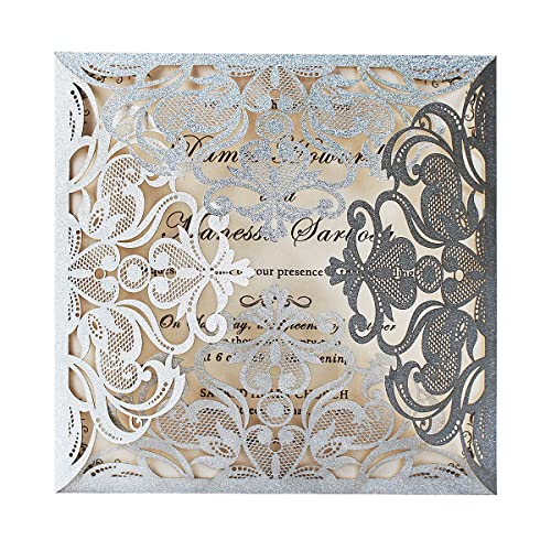Hosmsua 20 Stück Silber Laser Cut Hohlblumenhochzeits Hochzeitseinladungskarten mit Umschläge Brautparty Verlobung, Silber Hochzeitskarten von Hosmsua