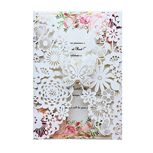 Hosmsua 20 Stück elfenbeinfarbene Hochzeitseinladungskarten mit Schmetterling und Umschlägen, 12.7x18.9 cm, lasergeschnittene Spitze, Verlobung, Quinceanera-Party (elfenbeinfarben) von Hosmsua