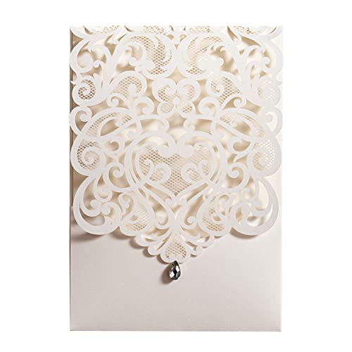 Hosmsua 20x Elfenbeinfarbe Hochzeitseinladungen mit Strasssteinen, hohle Spitze, Blumen-Einladungskarten für Brautparty, 20 Stück inkl Umschläge von Hosmsua