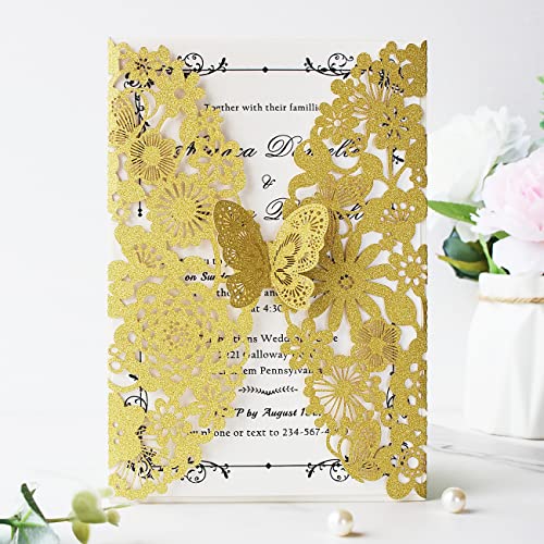 Hosmsua 20x Golden Glitzer Laserschnitt Spitze Flora Hochzeit Einladungskarten mit Schmetterling und Umschläge für Geburtstag Bridal Shower Verlobung Geburtstag Hochzeitseinladungen (20 Stück) von Hosmsua