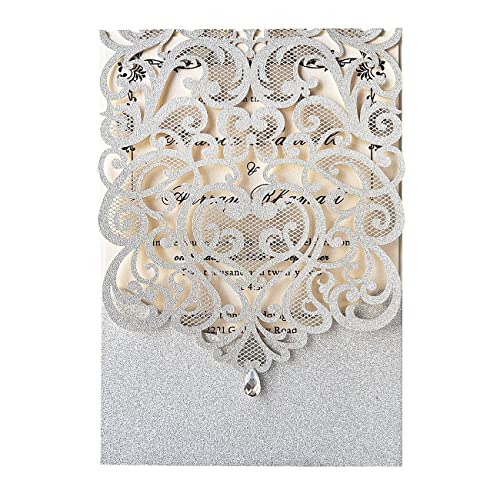 Hosmsua 20x Silber Glitzer Hochzeit EinladungsKarten Lasercut Rose Spitze Wasserdiamant Hochzeitseinladungen Karten für Brautparty, Verlobung, Geburtstag Einladung (20 Stück) inkl Umschläge von Hosmsua