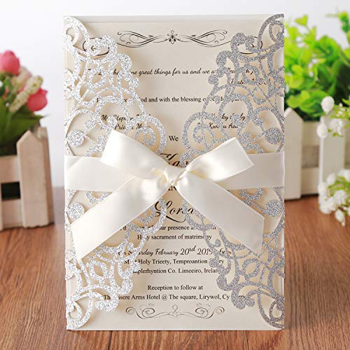 Hosmsua 20x Silber Hochzeit EinladungsKarten Für Lasercut Elegante Blume Spitze Glückwunsch Einladung Karten, 20 Stück inkl Umschläge (Silberfarbener Glitzer) von Hosmsua