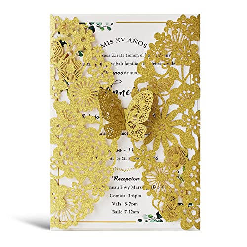 Hosmsua 50x Personalisierte Gold Hochzeit Einladungskarten mit Schmetterling Flora und Umschlag Laserschnitt Einladungen für Geburtstag Verlobung Hochzeit Einladung (Gold Glitzer) von Hosmsua