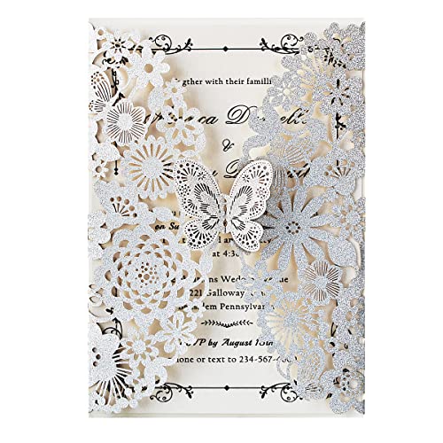 Hosmsua 50x Personalisierte Silber Hochzeit Einladungskarten mit Schmetterling Flora und Umschlag Laserschnitt Einladungen für Geburtstag Verlobung Hochzeit Einladung (Silber Glitzer) von Hosmsua
