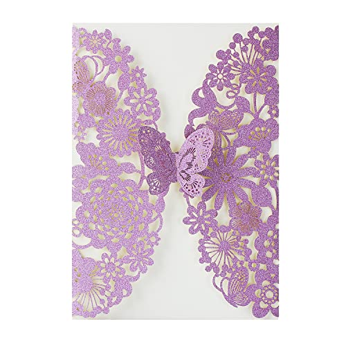 Hosmsua 50x Personalisierte Violett Schmetterling Flora Hochzeit Einladungskarten mit Umschlag Laserschnitt Einladungen für Geburtstag Verlobung Hochzeit Einladung (lila Glitzer) von Hosmsua
