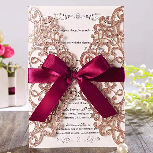 Hosmsua 50x Roségold Glitzer Hochzeitseinladungskarten, mit burgunderfarbenem Band und Umschlägen für Brautparty, Verlobung, Geburtstagsparty, 50 Stück (Roségold Glitzer) von Hosmsua