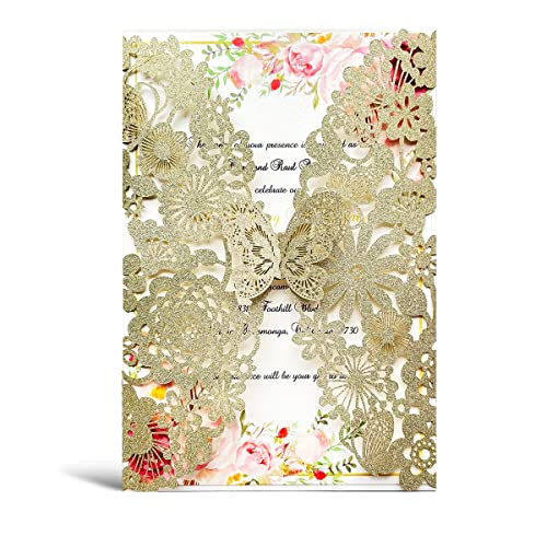 Hosmsua 50x personalisierte Champagner Gold Hochzeit Einladungskarten mit Schmetterling Flora und Umschlag Laserschnitt Einladungen für Geburtstag Verlobung Hochzeit Einladung (Champagner Glitzer) von Hosmsua