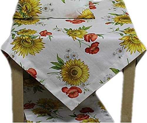 Hossner Pianta Tischdecke Mitteldecke Sonnenblume Mohn Weiß Bunt Baumwolle (Mitteldecke 85 x 85 cm) von Hossner