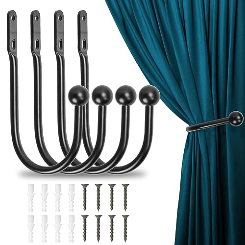 Hossom 4 Stücke Raffhalter für Vorhänge Metall Schwarz U-Form Vorhang Raffhalter Wandbefestigung Gardinenhalter Raffhalter Vorhanghalter für Wohnzimmer Schlafzimmer Esszimmer Bäder Küchen Büros von Hossom