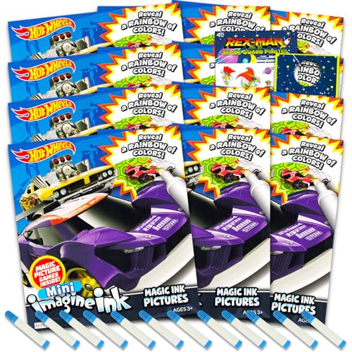 Hot Wheels Imagine Ink Malbuch-Set für Kinder – 12 Stück, keine Unordnung, magische Tinte, Hot Wheels Rennauto-Malbücher mit Rex-Man-Aufklebern und Türaufhänger (Hot Wheels Partyzubehör, Partyzubehör, von Hot Wheels