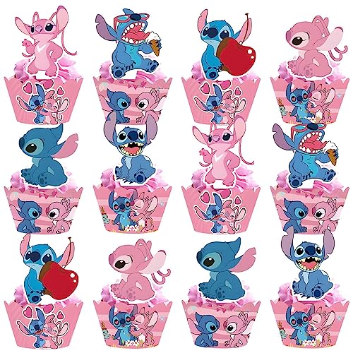 Pink Stitch Cake Cupcake and Wrappers Paper Wraps Decoration Supplies Stitch Cupcake Topper for Kids Birthday Party (Pink) von HotcoS