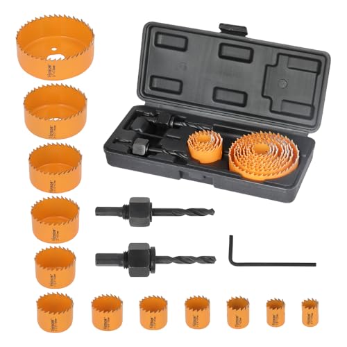 Hoteche 15er Lochsäge Set - 12 Größen (19mm-76mm), 2 Anlenker, 1 Hexenschlüssel, in schwarzer Kunststoffbox von Hoteche