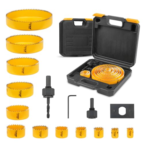 Hoteche 16er Lochsäge Set - Kohlenstoffstahl, 12 Größen (19mm-127mm), 2 Anlenker, 1 Pressplatte, 1 Inbusschlüssel, in schwarzer Kunststoffbox von Hoteche