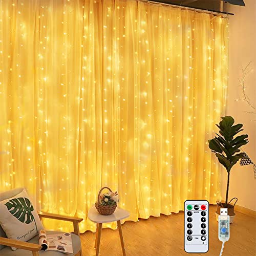 Hoteril LED USB Lichtervorhang 3x3m, 300 LEDs Lichterketten Vorhang mit 8 Modi, IP65, Fernbedienung Timer Lichterkettenvorhang für Deko, Garten, Innenbeleuchtung Pavillon, Party von Hoteril