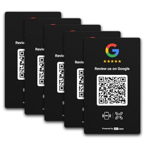 Google Review Card 5-Pack - Schwarz - NFC Tap & QR Code - Enthält 5 unabhängige Links (unterstützt 5 verschiedene Geschäfte oder gleich) - Alle Telefone kompatibel - Boosten Sie Google Reviews - Keine von Hotlabel
