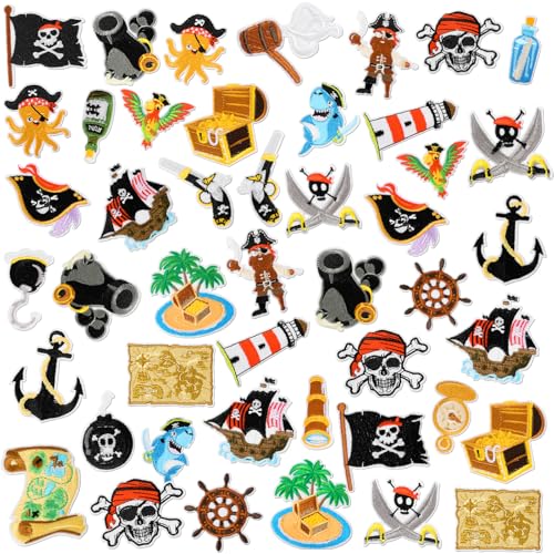 Hotop Piraten-Aufnäher zum Aufbügeln für Rucksäcke, Stickereien, Knochen, zum Aufbügeln, goldfarben, Piraten-Aufnäher, für Kleidung, Jacken, Rucksäcke, Kappen, Basteln, Nähen, 48 Stück von Hotop